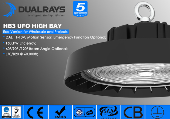 DUALRAYS HB4 مستشعر حركة مبتكر قابل للتوصيل LED UFO High Bay Light بزاوية شعاع 60 ° 90 ° 110 °
