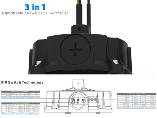 200W 150LPW HB5 3 في 1 سوبر عالية المرفأ مع عدسة بصرية قابلة للتبديل DIP (60 ° / 90 ° / 110 °) ، الطاقة (100٪ -80٪ -60٪) ، 3 CCT اختياري