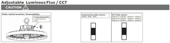 HB3H ضوء LED عالي الإضاءة UFO قابل للتبديل بالطاقة ومزود بمفتاح DIP بقدرة 100 واط و150LPW مع وظيفة طوارئ اختيارية بقدرة 20 واط/30 واط لمدة 3 ساعات