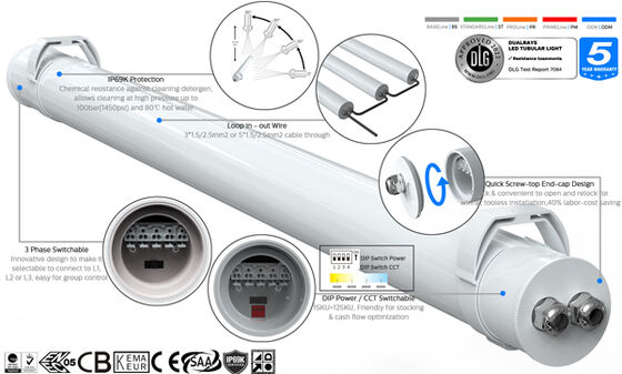 غبار الماء برهان LED ثلاثي ضوء 160LPW 20W 30W 40W 50W PIR مستشعر T8 أنابيب استبدال