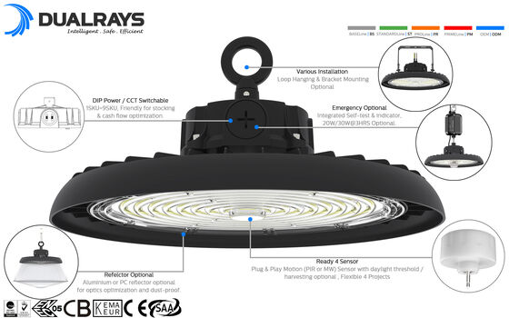 HB3H Power &amp; CCT قابلة للتحويل 240 وات 200 وات 150 وات LED UFO High Bay Light معلقة على شكل حلقة مستودع صناعي UFO High Bay Light