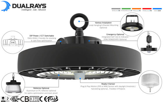 100W 150W 200W DUALRAYS LIGHTING HB4H UFO LED High Bay Light 185 Lm / W IP65 IK08 ENEC عكس الضوء مستودع الإضاءة ضمان 5 سنوات