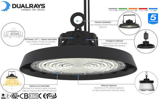 السوبر مشرق DUALRAYS الإضاءة HB5 High Bay 100w 150w 200w 300w مصباح تجاري مصنع المستودعات الصناعية UFO Led Highbay Light